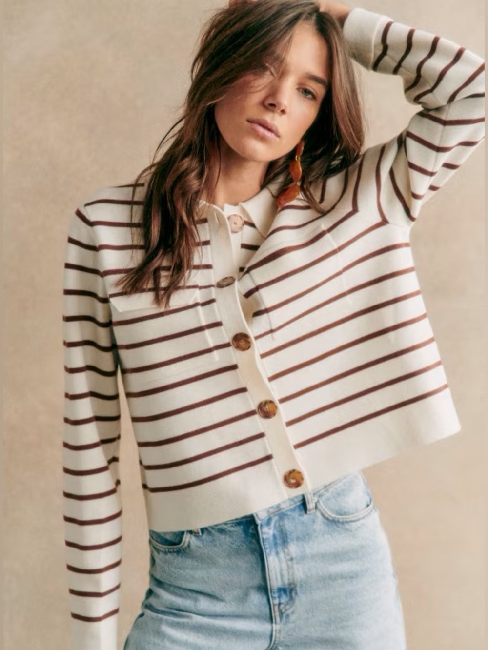 Sézane Betty Cardigan - Ecru & Camel Stripes